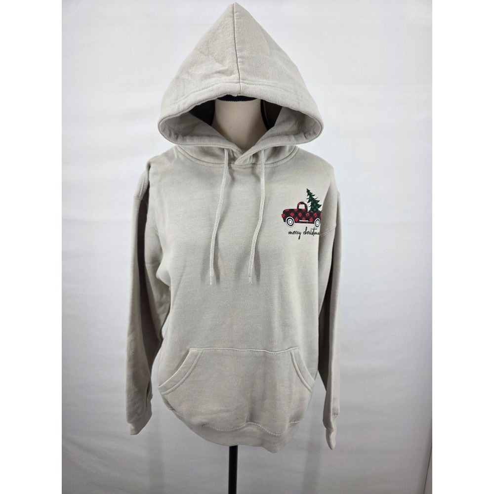 Pacific & Co Merry Christmas Hoodie Beige Buffalo Plaid Truck Tree Small